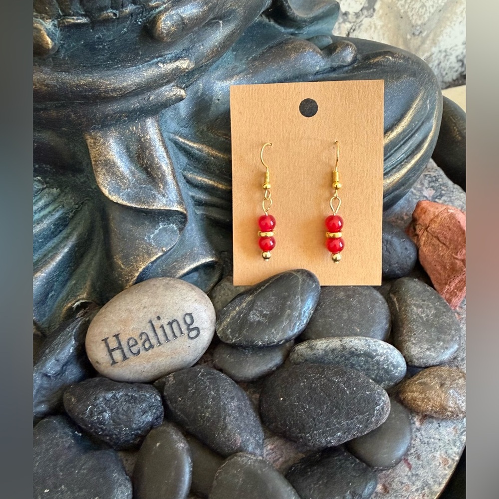 Handmade Stainless steel gold toned hook,drop red bead earrings. Valentine’s Day